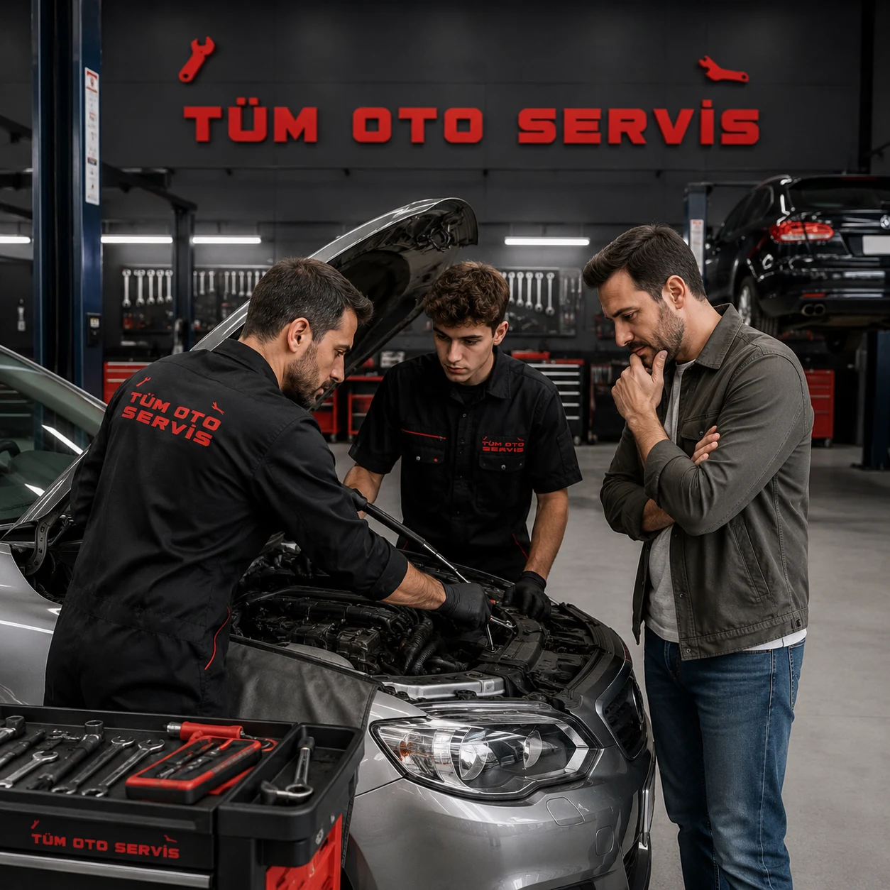 Tüm Oto Servis teknisyeni araca müdahale ederken